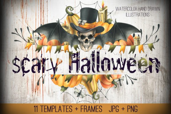 Halloween Skulls Watercolor Templates for Spooky Designs